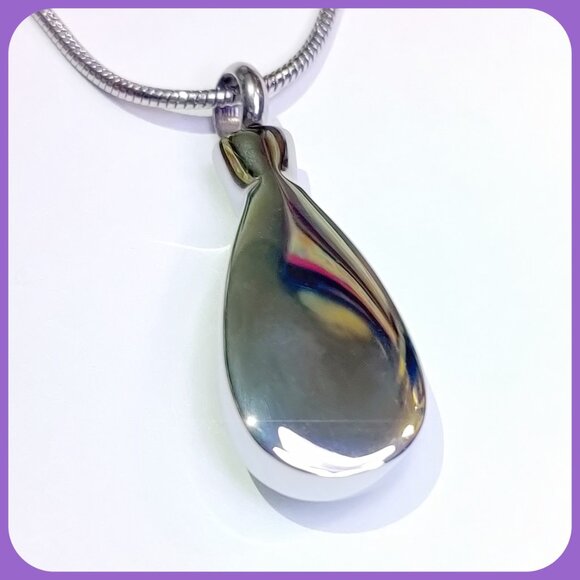 Stainless & Crystal Teardrop Cremation Urn Pendant for Ashes w/Chain - Memorial - Picture 3 of 11
